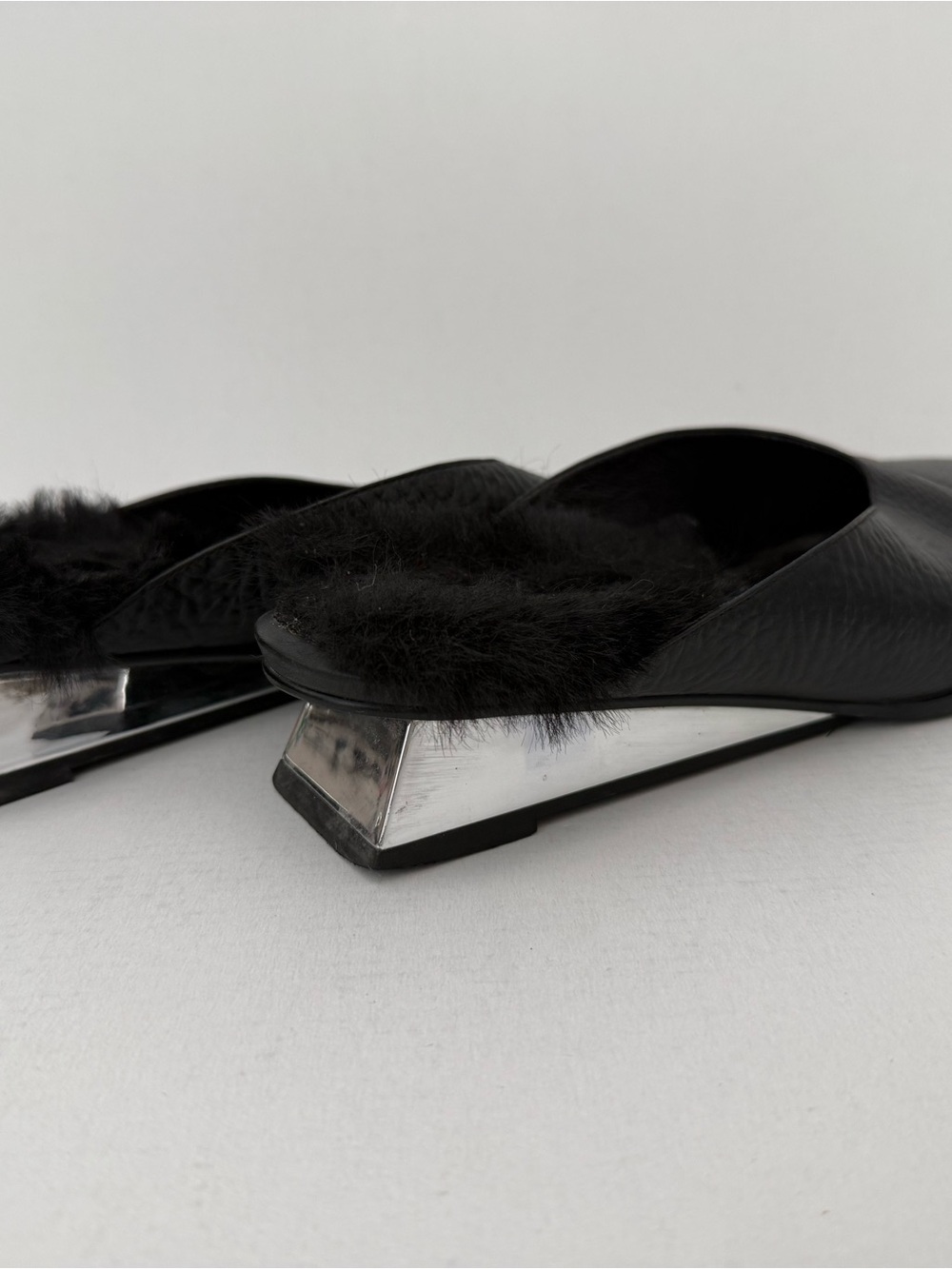 United Nude Black Fur-Trim Slide Mules with Silver Block Heel